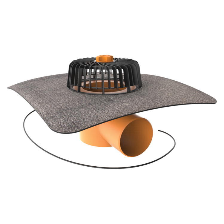 Horizontal heated roof outlets with integrated bitumen sleeve